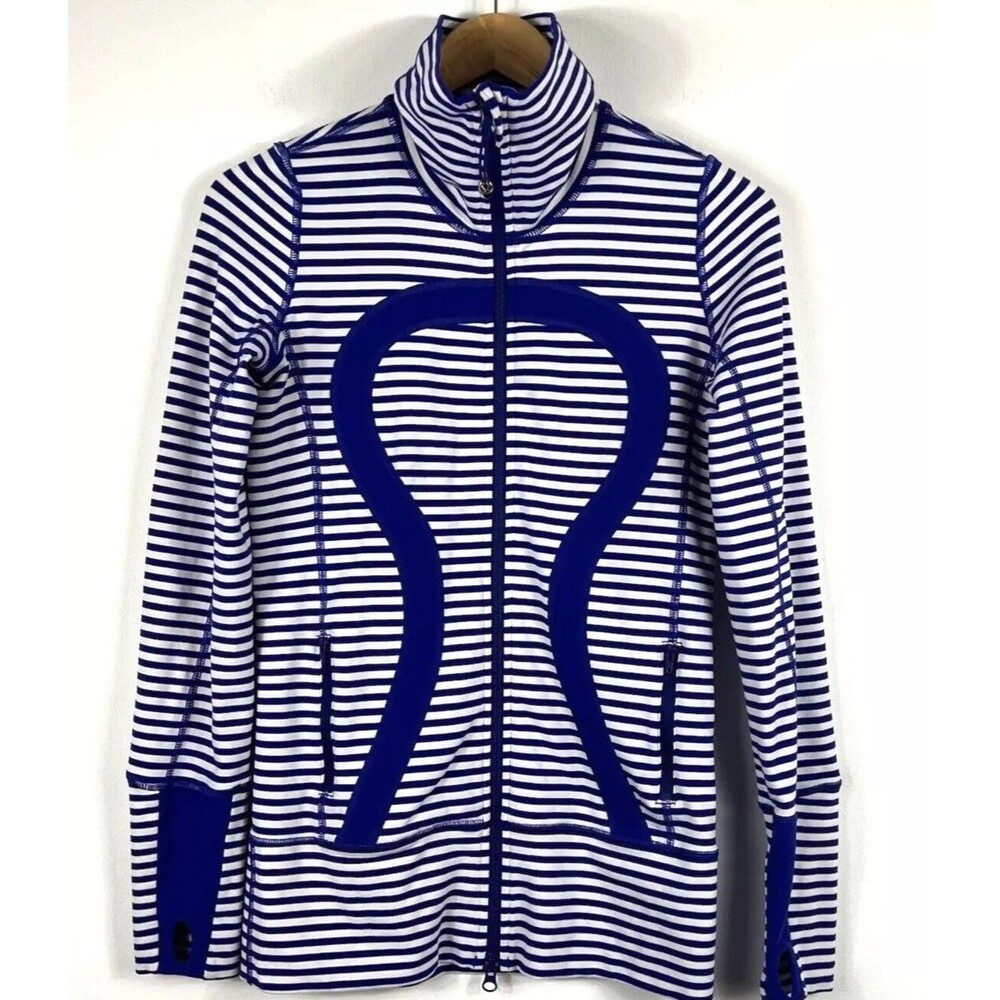 Lululemon In Stride Jacket Womens Size 4 Full Zip Mock Neck White Blue Striped